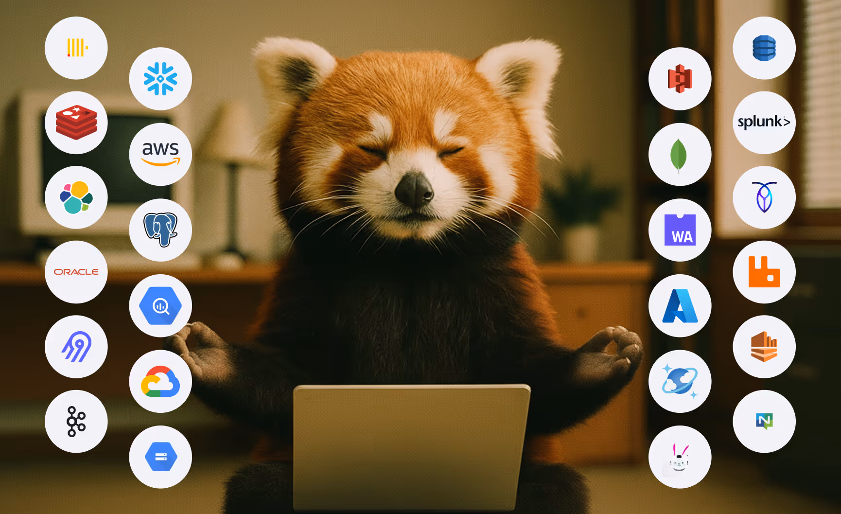 Red panda meditating with tech company logos surrounding laptop